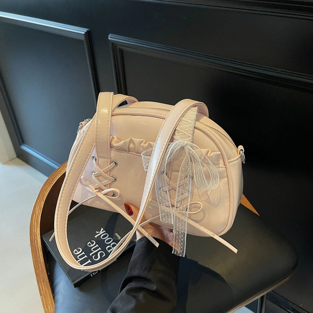 Women's bandage bow PU leather shoulder handbag with mobile phone pocket in milky white