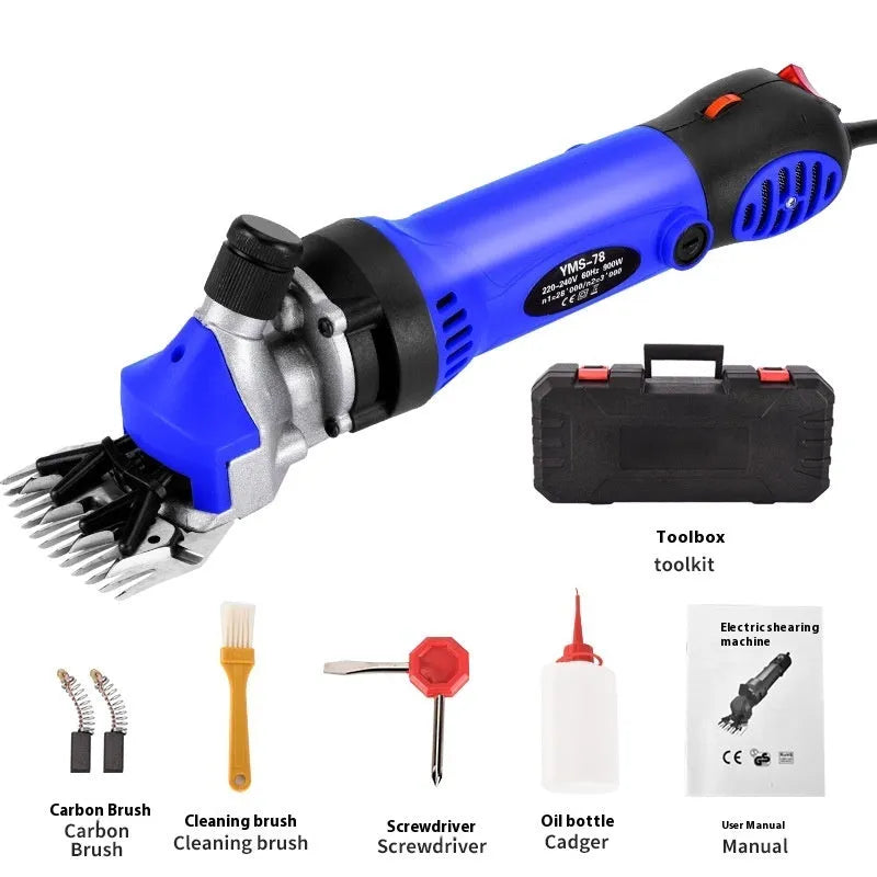 Yellow electric wool shearing machine with 13-tooth cutter and accessories kit for 110V outlet.