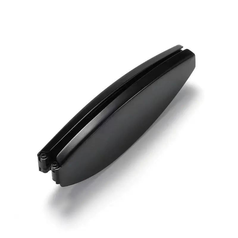 Black folding presbyopic glasses shown open and folded, with retro ring-style frame.