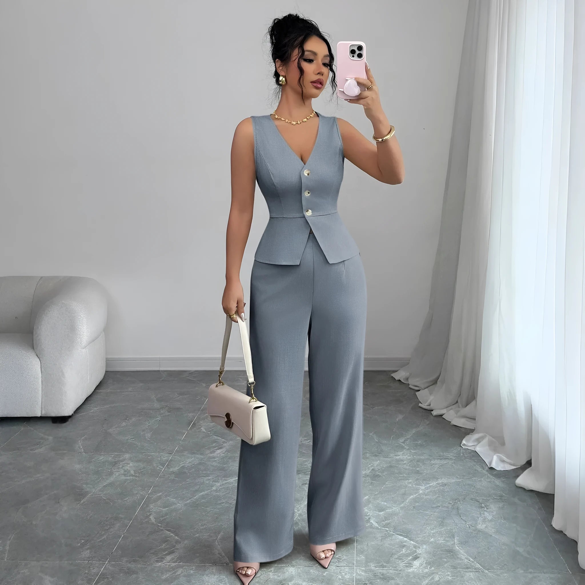 Women's sleeveless vest and high waist trousers two-piece set in solid colours, Japanese Korean casual style