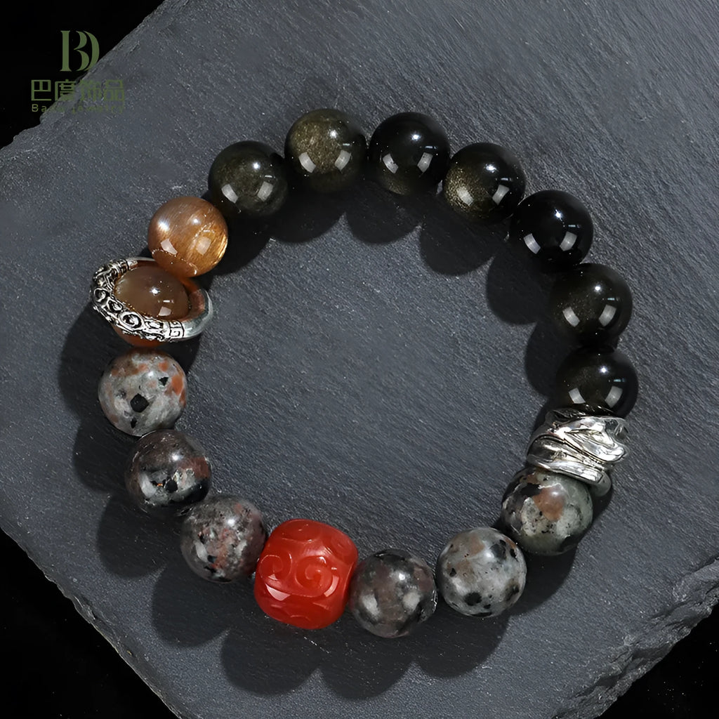 Handcrafted gold obsidian and red agate stone bracelet with Wukong pattern design