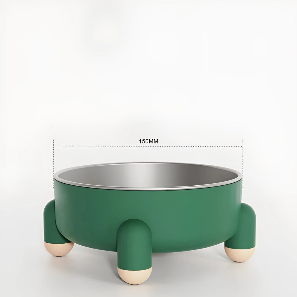 Green stainless steel pet food bowl with high foot and non-slip anti-overturn base.