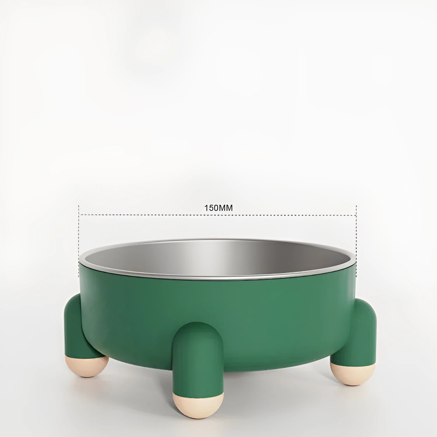 Green stainless steel pet food bowl with high foot and non-slip anti-overturn base.
