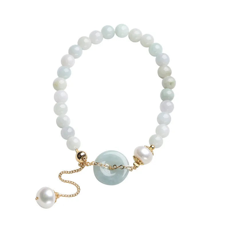 Natural emerald green jade peace buckle pearl bracelet with geometric pendant for women