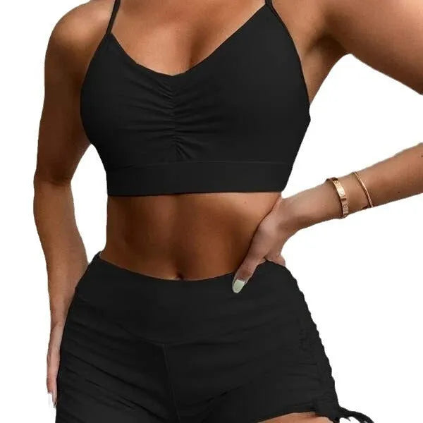 Women's high waist split swimsuit bikini set in purple or black, made from nylon and spandex.