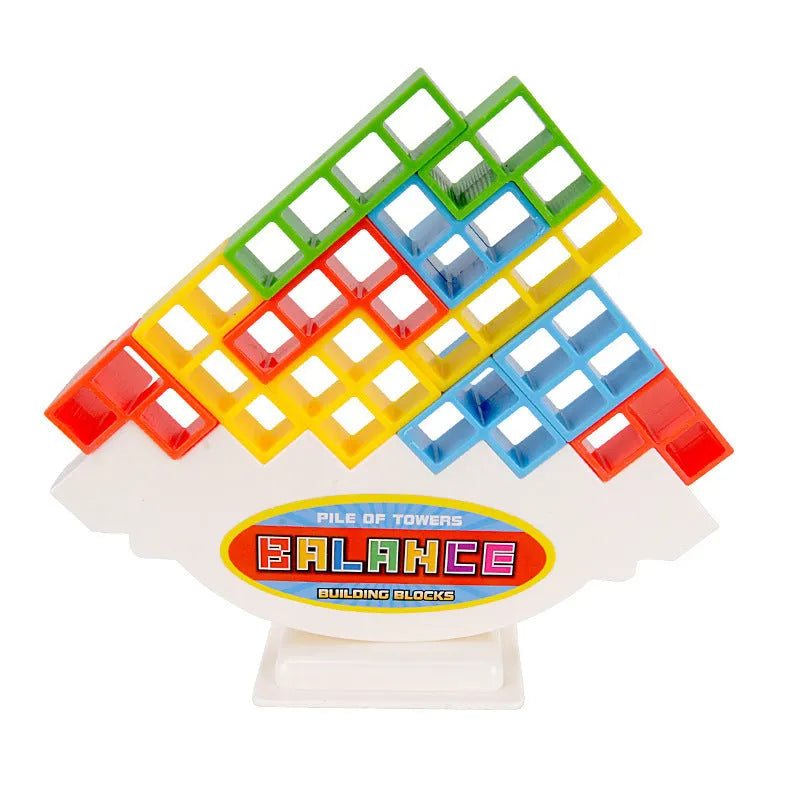 Balance stacking game set with plastic building blocks and wooden chassis