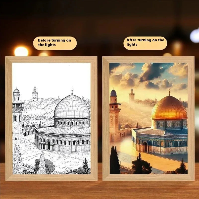 Modern rectangle LED light painting frame with illuminated artwork on man-made board.