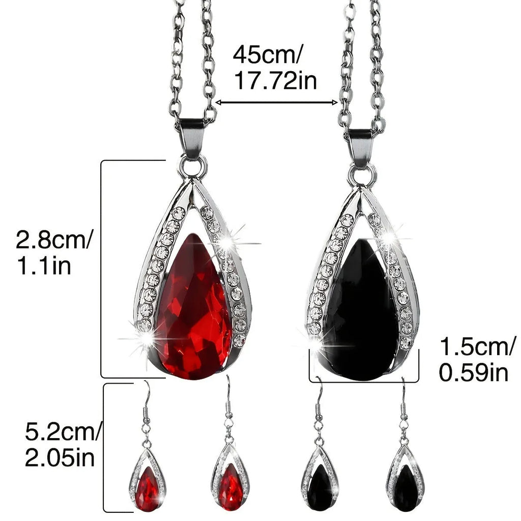 Black and red teardrop glass pendant alloy necklace and matching earrings set.