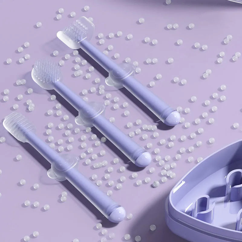 Purple silicone-bristled pet toothbrush for cleaning dog and cat teeth.