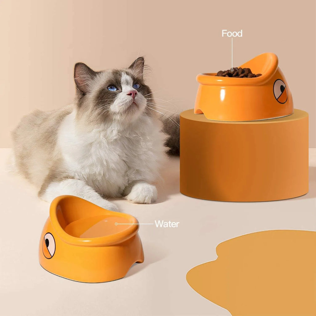Orange ceramic overturning-proof cat bowl with fish head design, 196x121x149mm