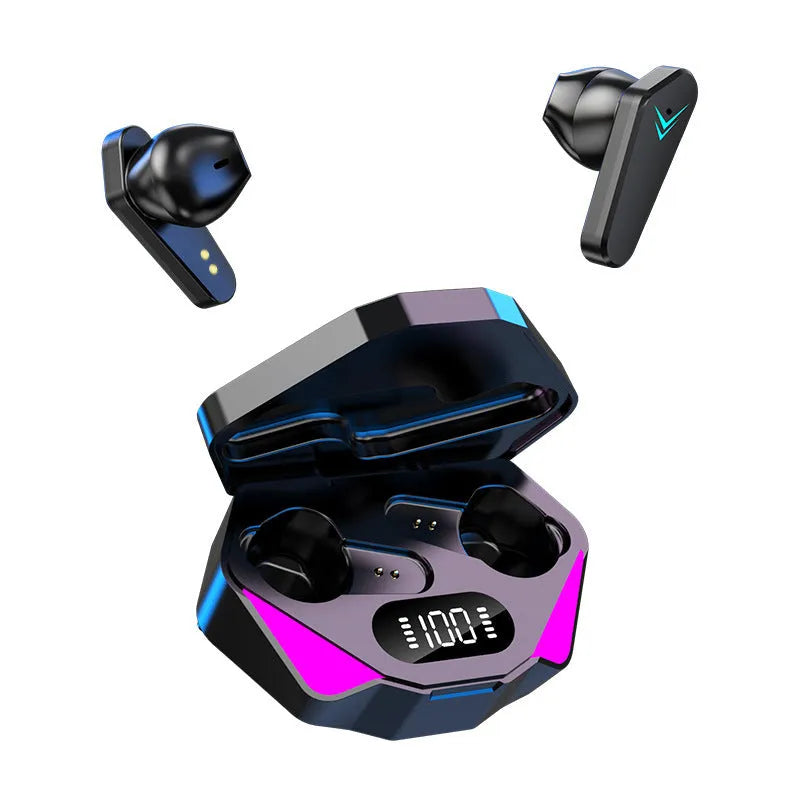 X15 wireless in-ear gaming headset with charging case, shown in optional colours.