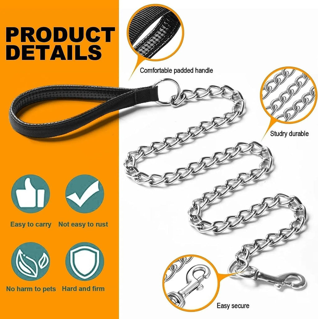 Heavy duty metal chain dog leash with a soft black padded handle, shown in red, blue, and black colours