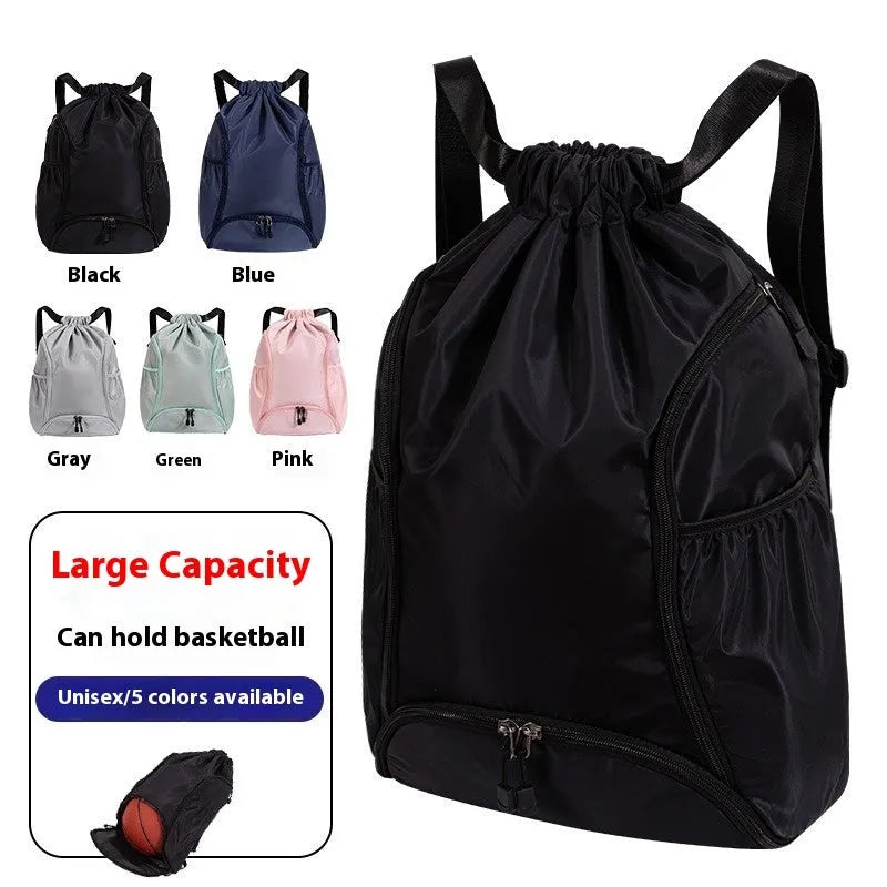 Cube-shaped sports backpack with drawstring closure in colour options including black, grey, green