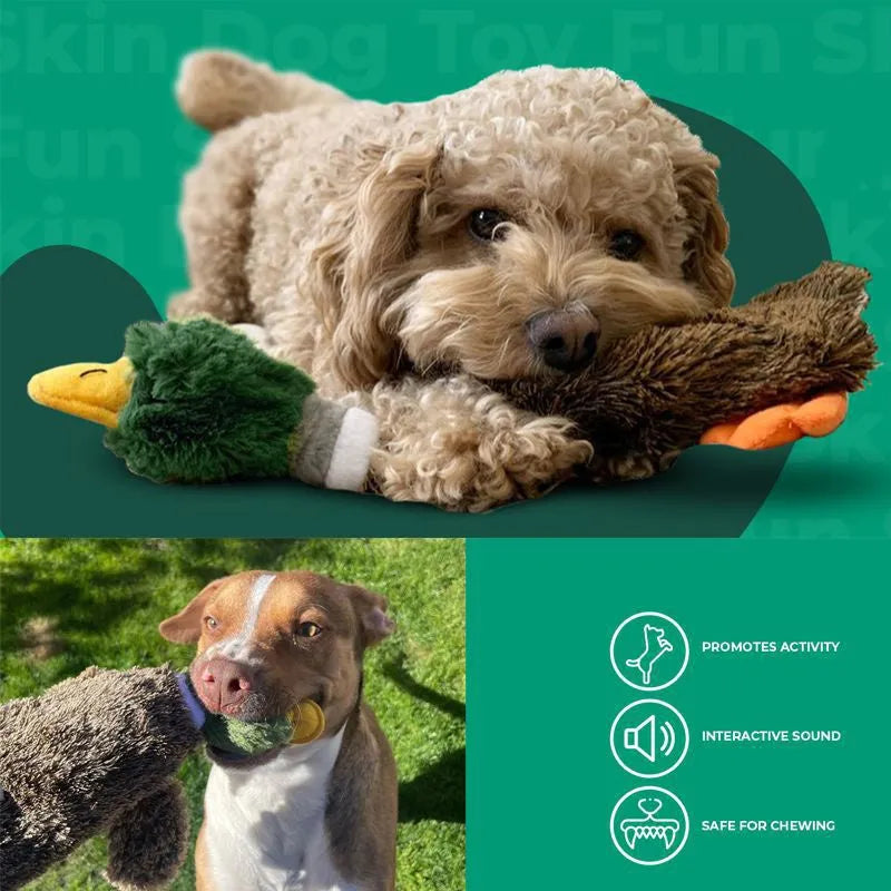 Green soft plush wild duck dog toy with no stuffing and a bottom fastener.