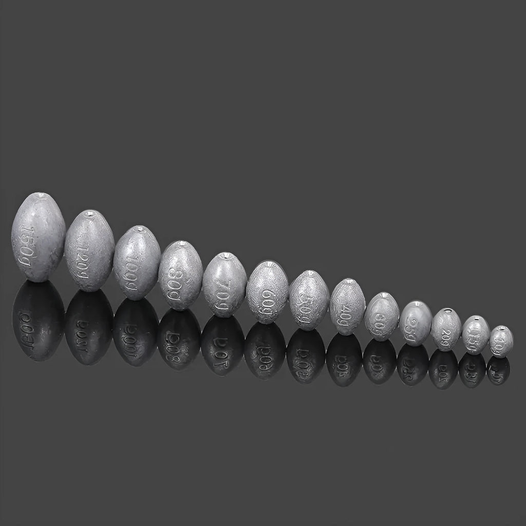 Tongxin olive lead fishing sinker with scale markings, showing rugby shape and plastic core.