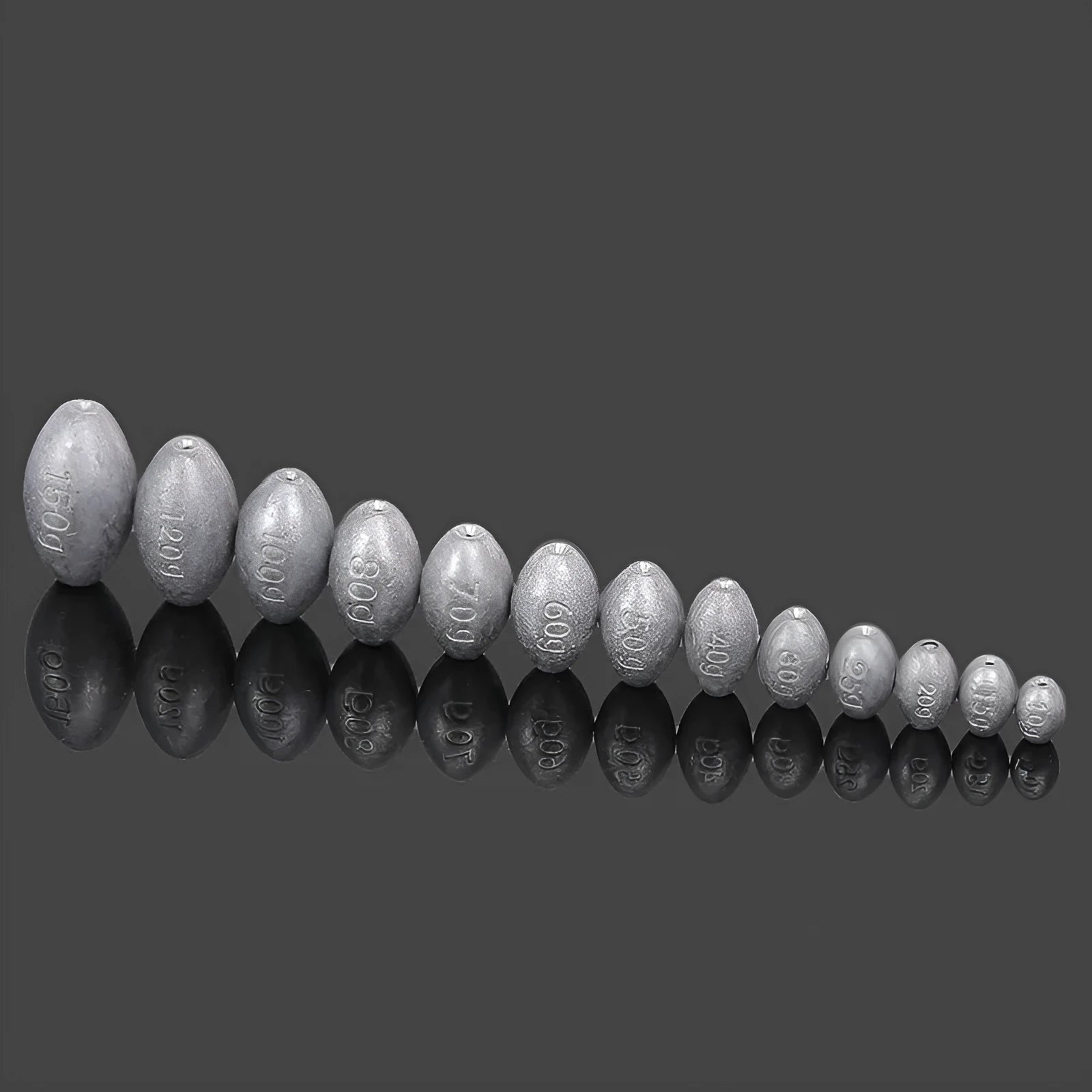 Tongxin olive lead fishing sinker with scale markings, showing rugby shape and plastic core.