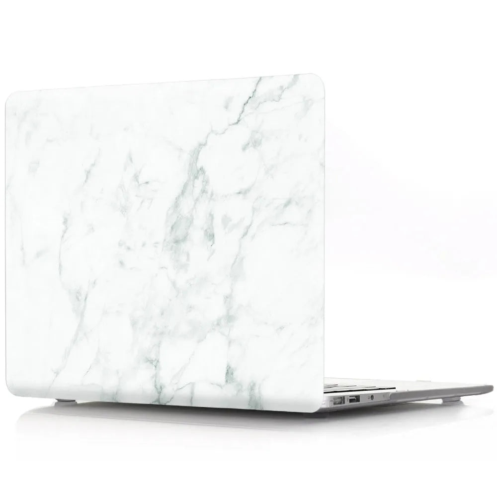 Plastic marble finish protective case for a MacBook laptop in light blue colour.