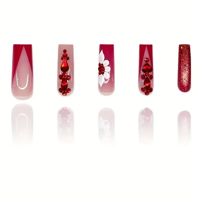 Sweet Flowers Prismatic Red Diamond removable fake nails set with jelly glue and nail file