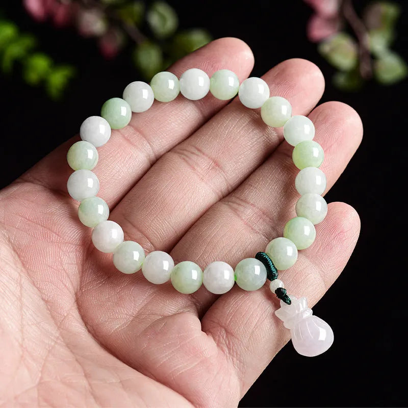 Ice Jade 8mm flower bead bracelet with jade purse charm, unisex national style jewellery