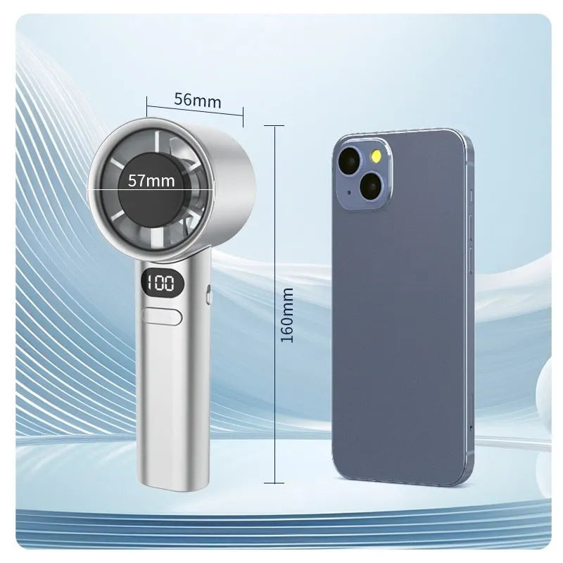 Handheld fan with variable speed control, shown in one of four colour options: green, khaki, silver, or white.