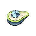 Colourful cartoon fruit and letter design on a metal brooch pin with a secure clasp.