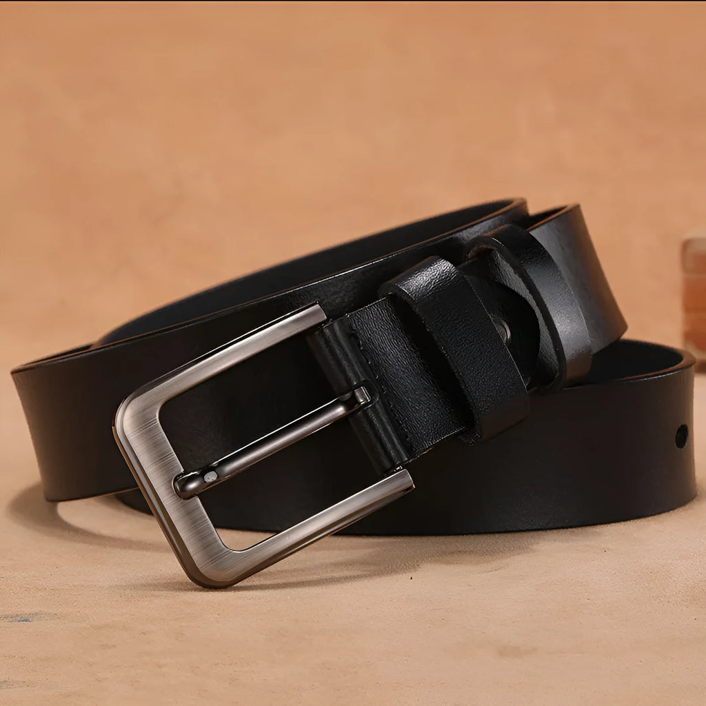 Square head pin buckle casual belt in black or brown, showing alloy buckle and strap.