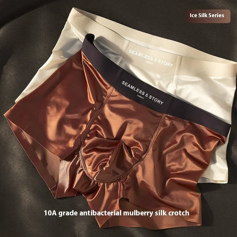 Men's ice silk satin underwear in multiple colours showing mid waist trceless sporty design