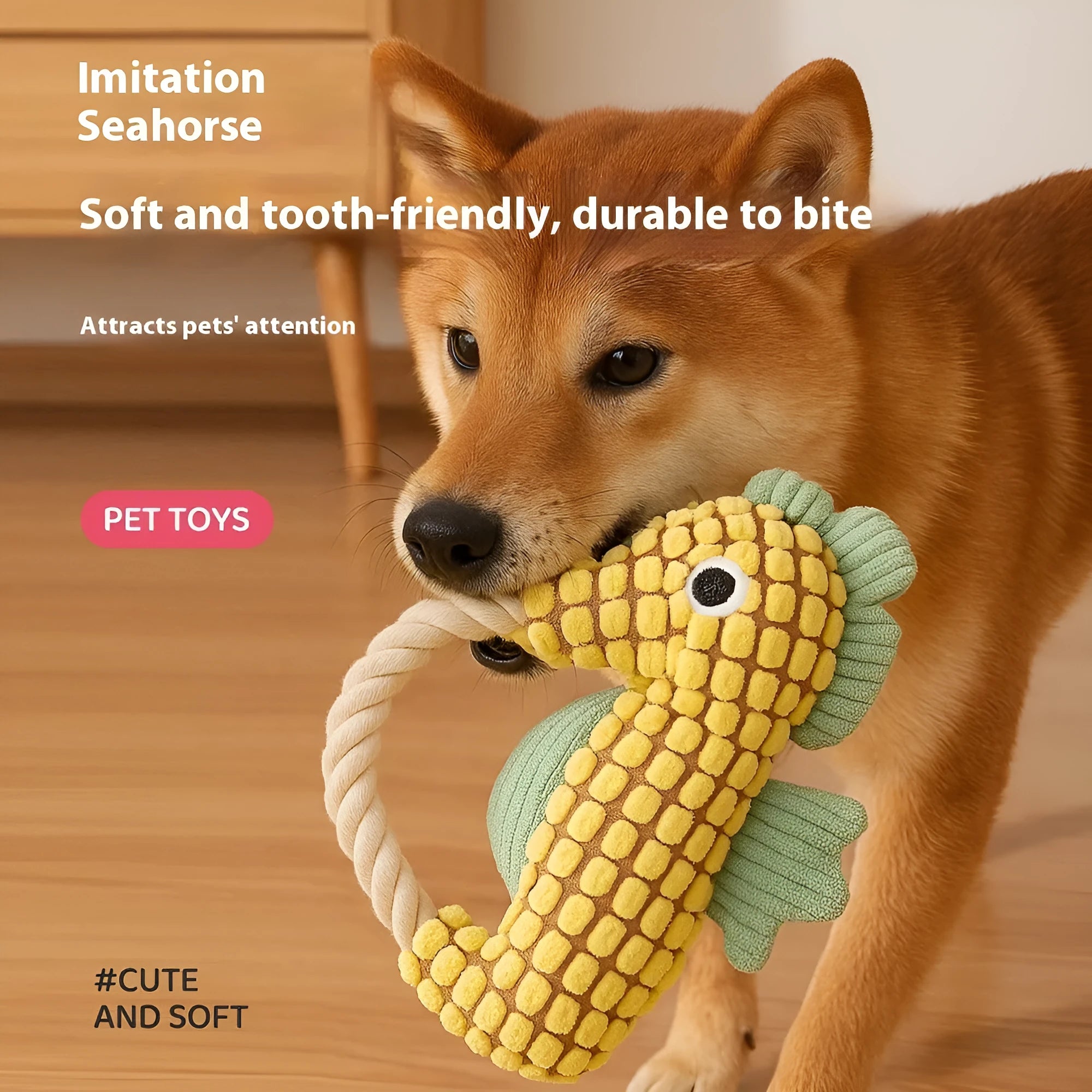 Pineapple velvet molar pet toy in green seahorse design with plush texture and squeaker, 16.5x23.5cm