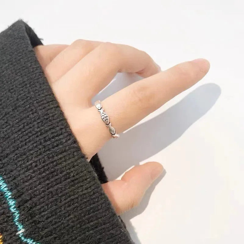 Women's adjustable S925 sterling silver vintage fish ring showing carp design elements