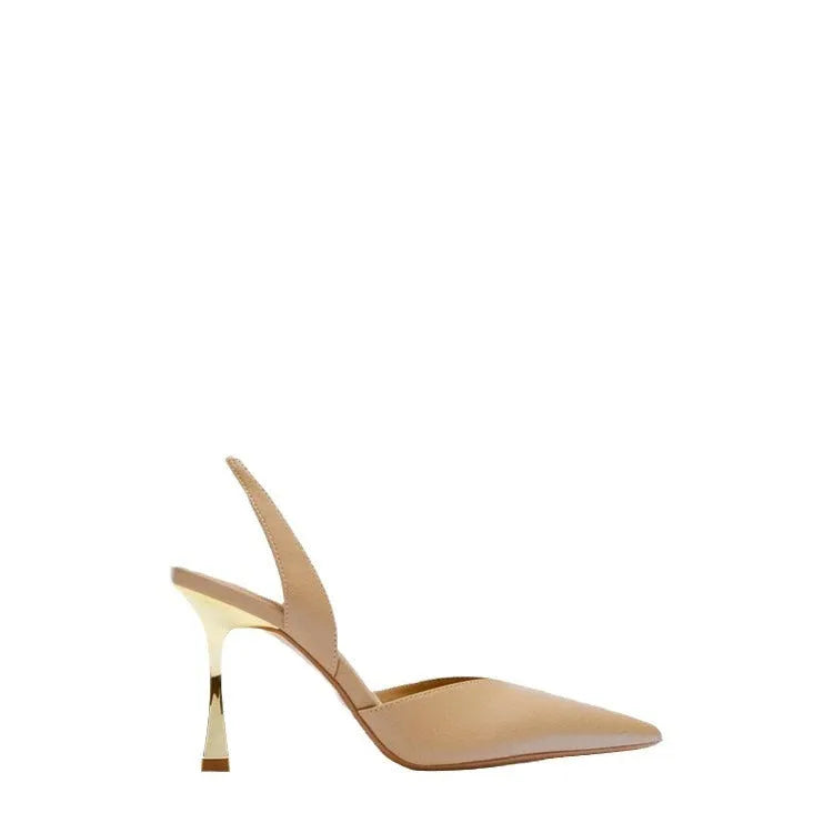 Women's nude pointed high heels in patent leather, shown in black and apricot colours with a shallow mouth design.