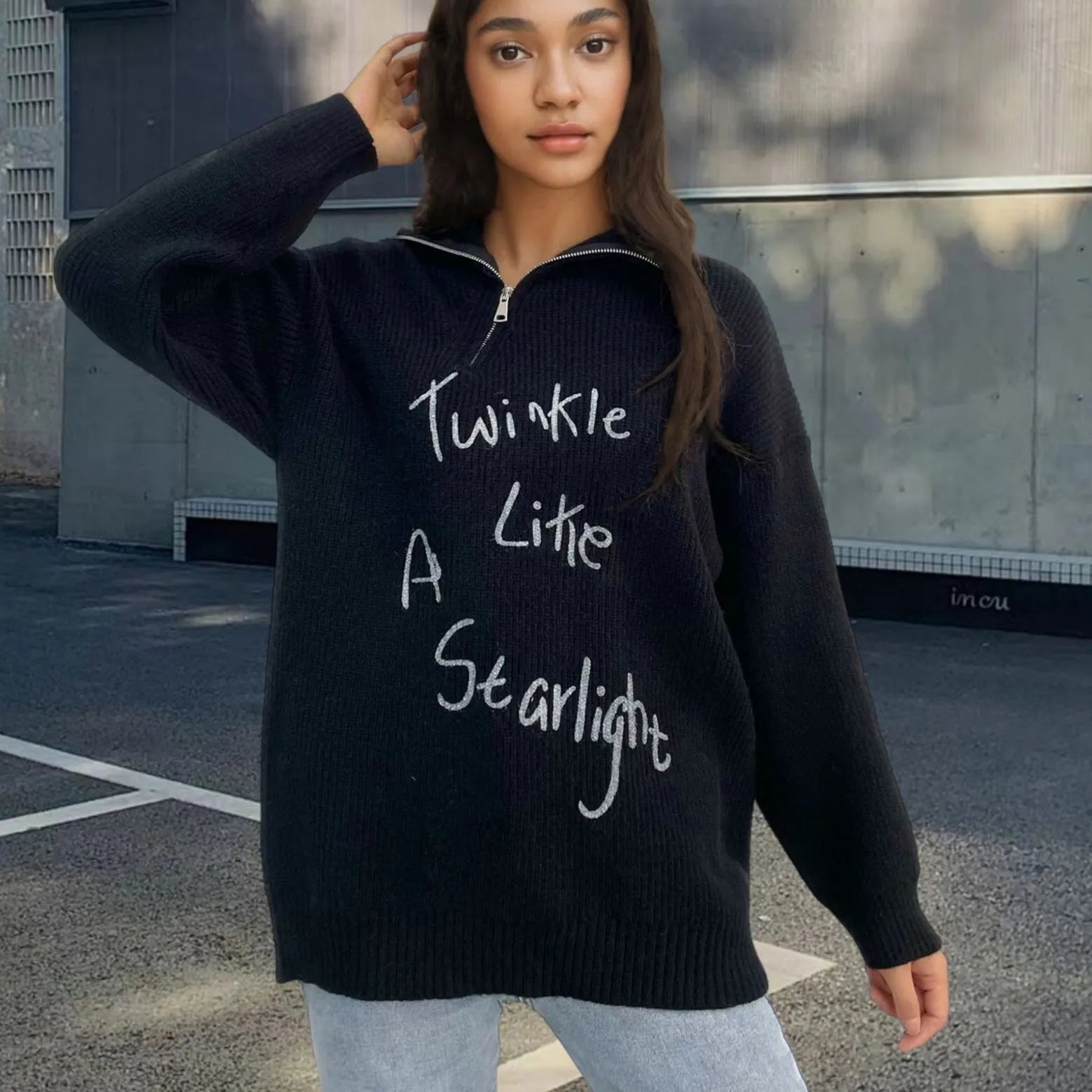 Women's light khaki alpaca wool retro pullover sweater with oblique zipper and turtleneck.