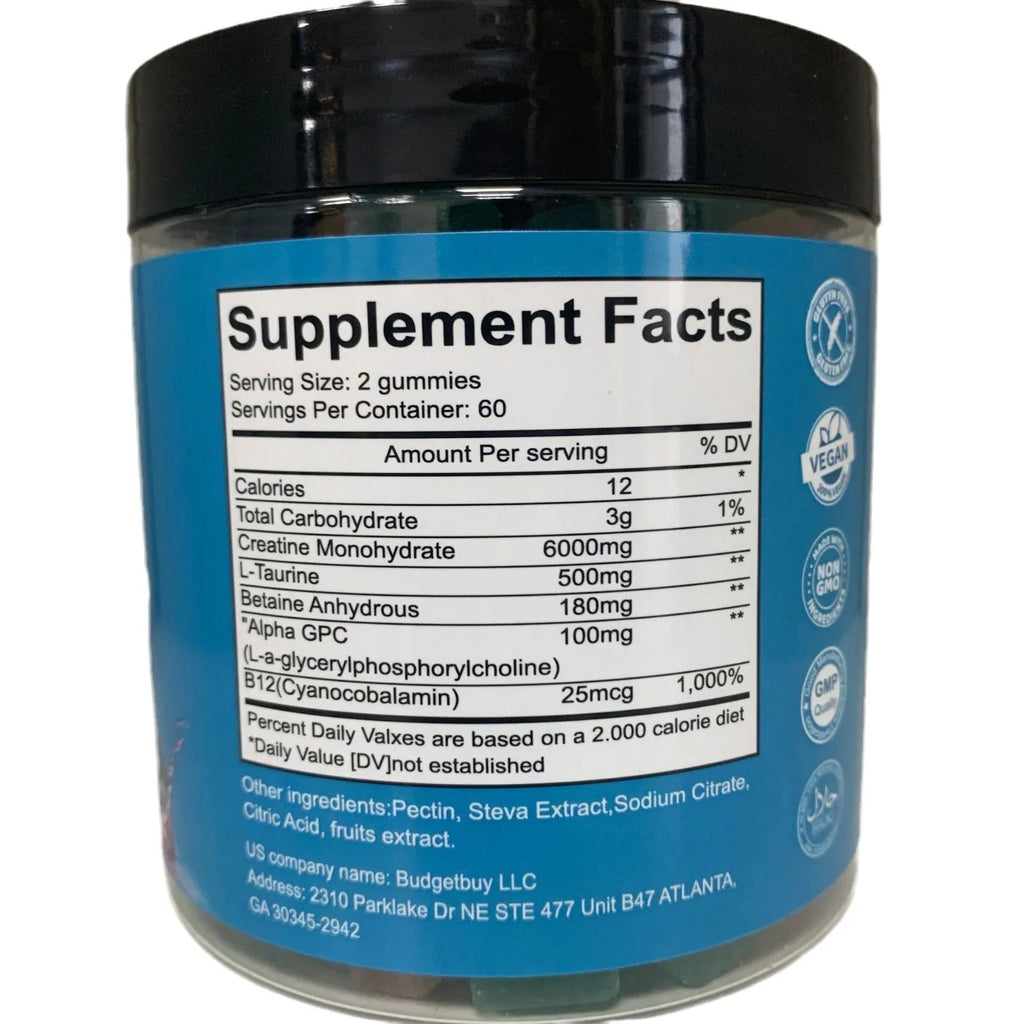 Bottle of raspberry-flavoured creatine monohydrate gummies containing 120 soft candy tablets