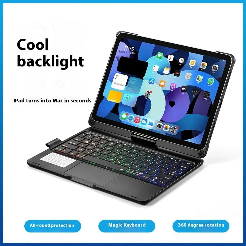 Miaocontrol rotating Bluetooth keyboard showing 360-degree swivel mechanism with iPad attached