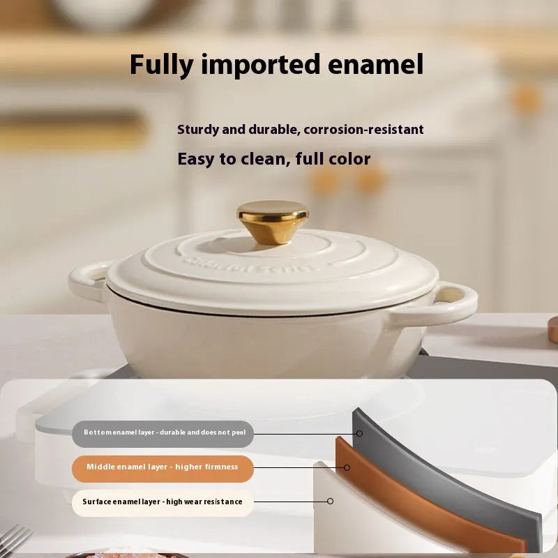 Cream white cast iron soup stew pot with cast iron lid and enamel finish, 24cm diameter