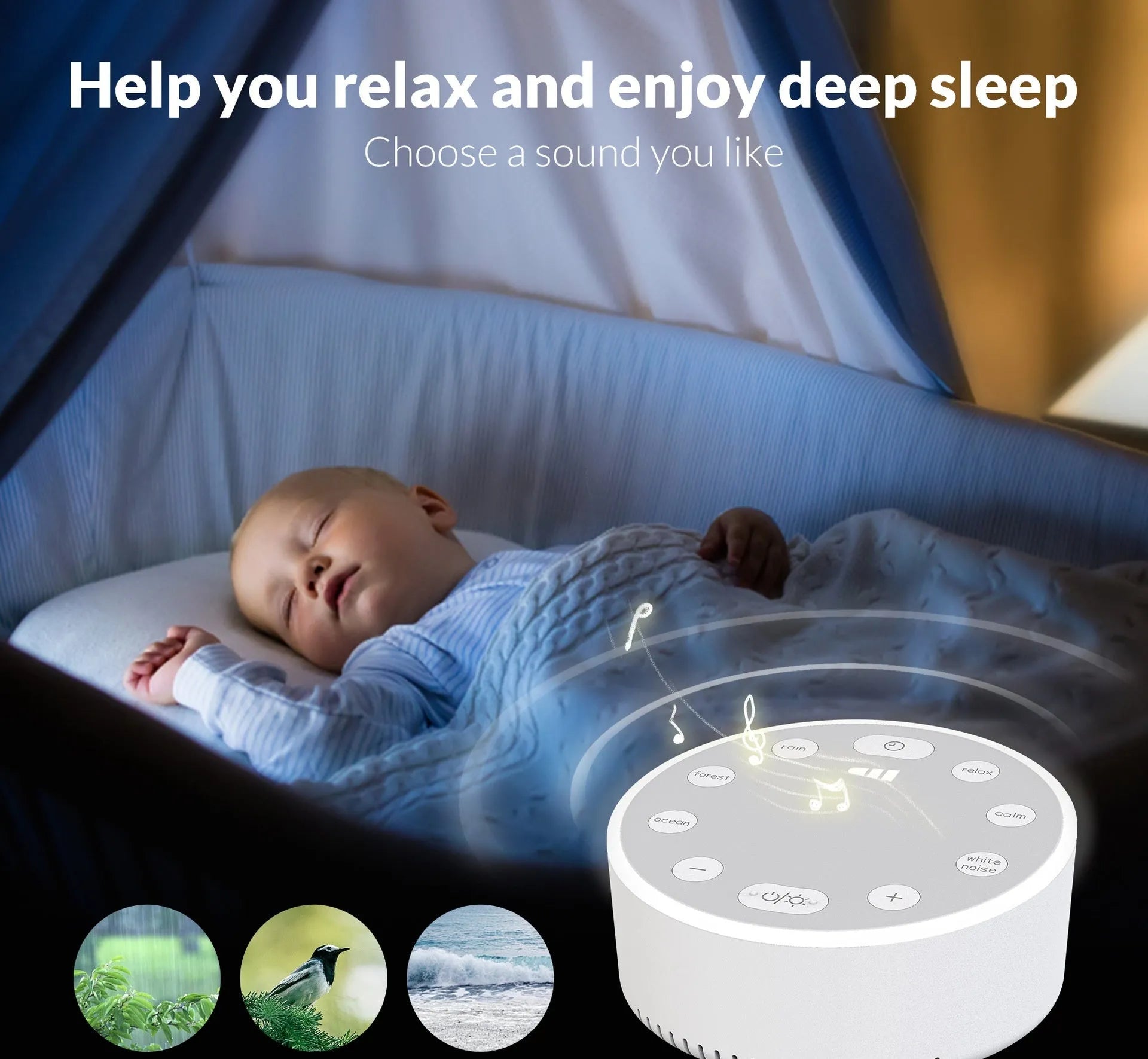 White noise sleeping aid instrument with breathing light in white colour, 80x100mm size, rechargeable sleep monitor