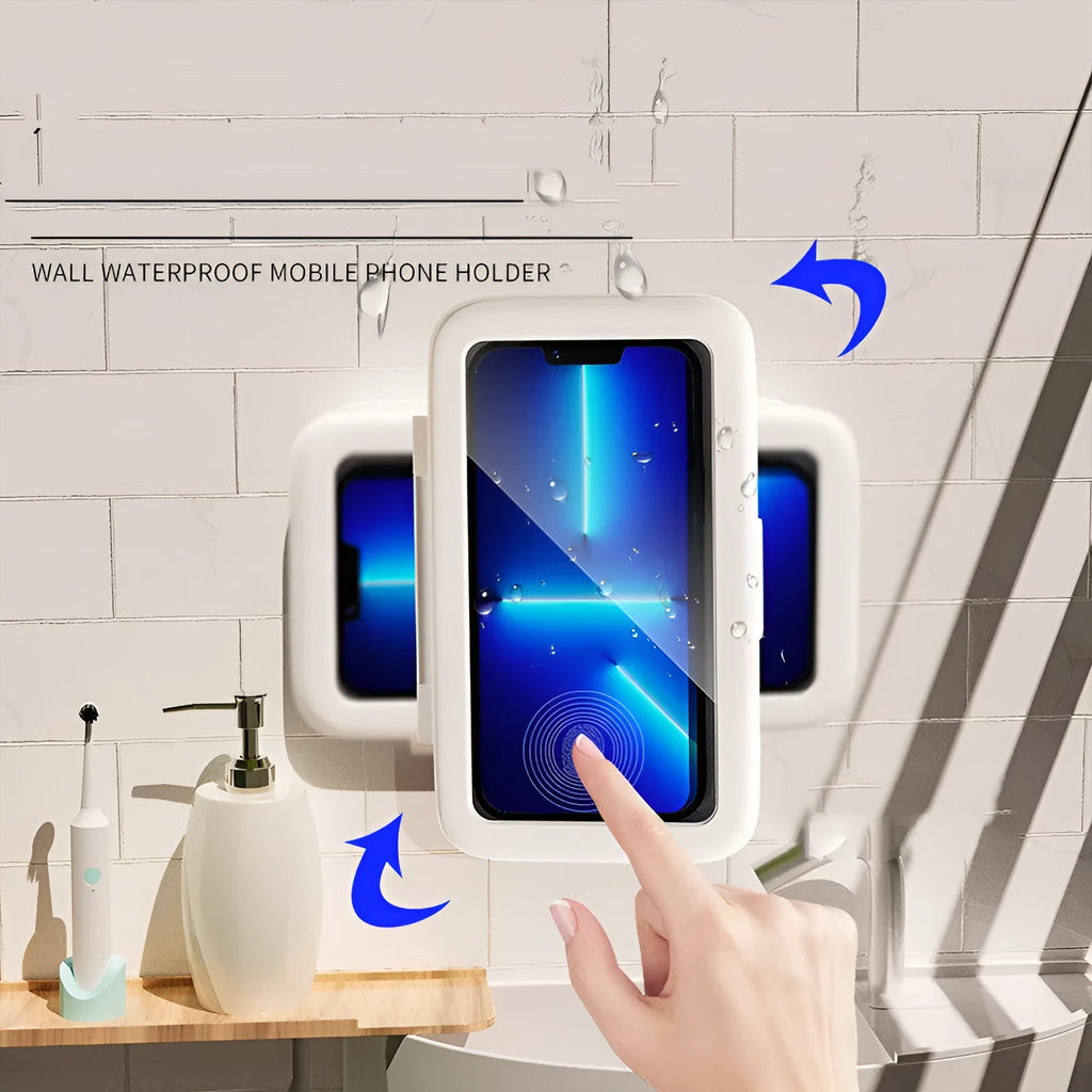 Waterproof phone holder mounted on bathroom tile with phone visible through anti-fog window