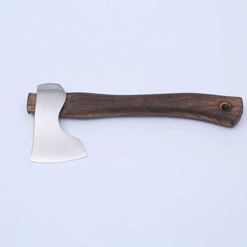 Camping axe with high carbon steel head and wooden handle on a white background.