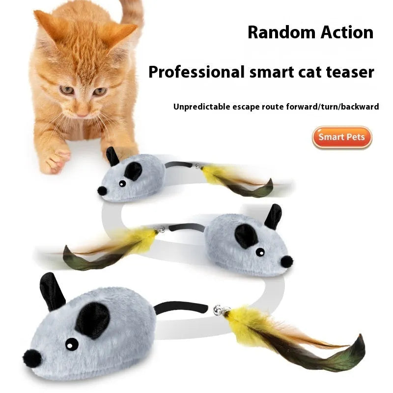 Electric charging simulation mouse cat toy with feather tail decoration