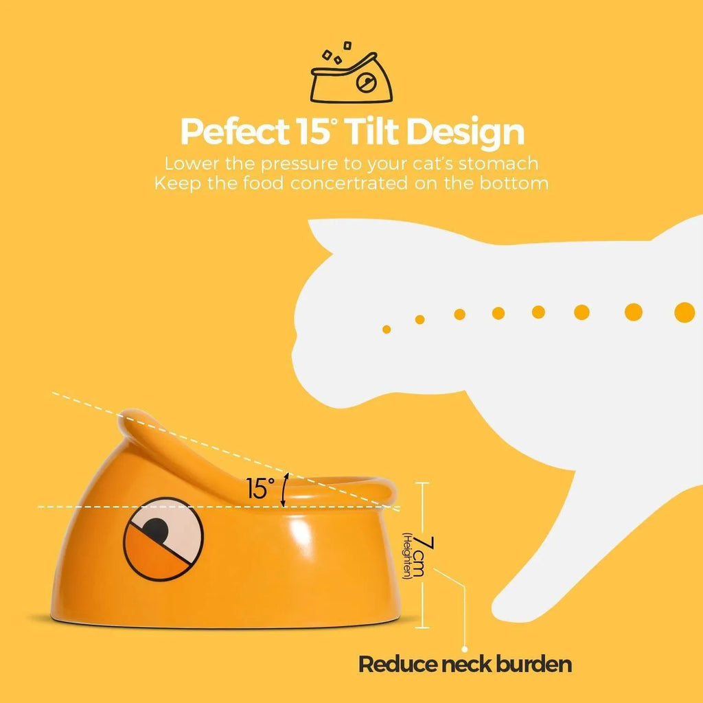 Orange ceramic overturning-proof cat bowl with fish head design, 196x121x149mm