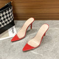 Women's ultra-high vamp stiletto heel slipper in a pointed-toe design.