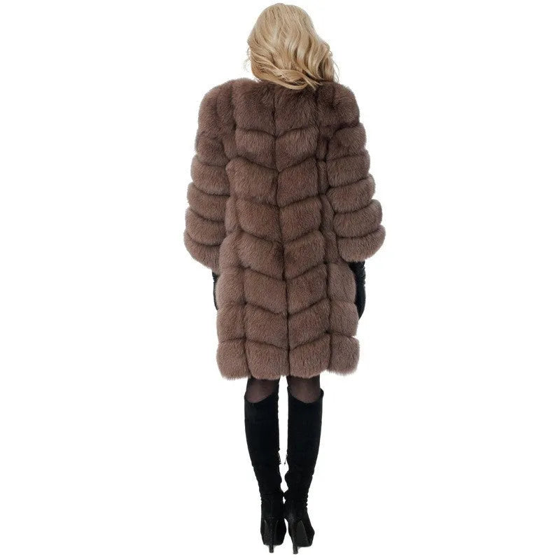 Women's longline thick artificial fur coat in wine red colour, showing regular sleeves and full-length design.