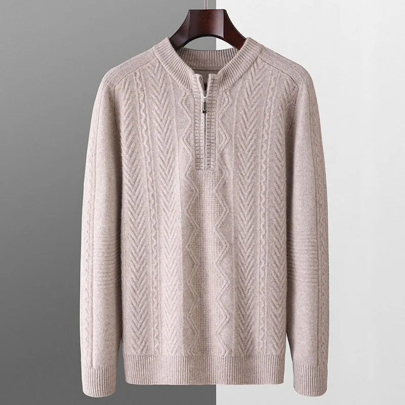 Men's loose fit wool sweater with diamond pattern and half-zip front in light camel colour