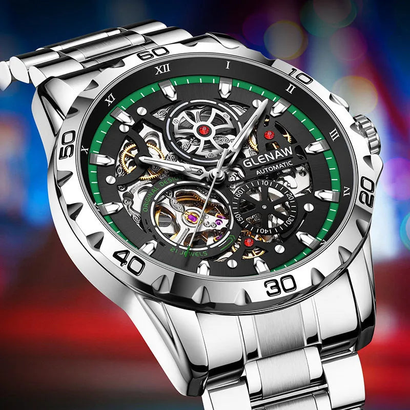 Men's silver automatic mechanical watch with hollow-out skeleton dial and luminous hands on coloured steel strap