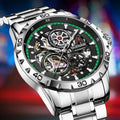 Men's silver automatic mechanical watch with hollow-out skeleton dial and luminous hands on coloured steel strap
