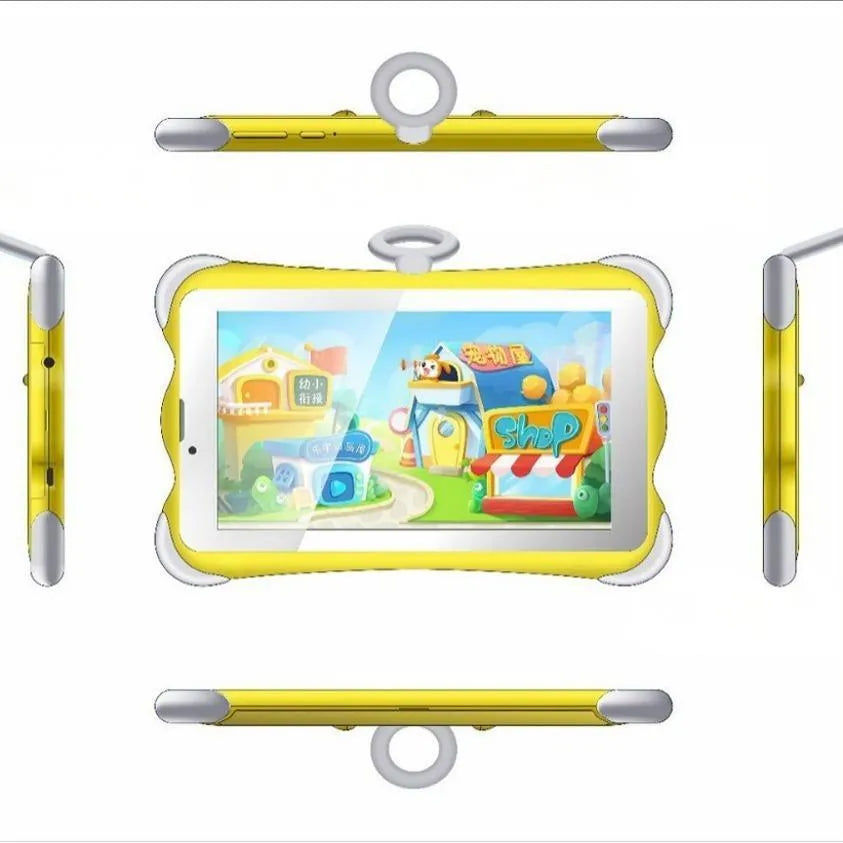 7-inch children's learning tablet with protective stand in cartoon colours showing screen display