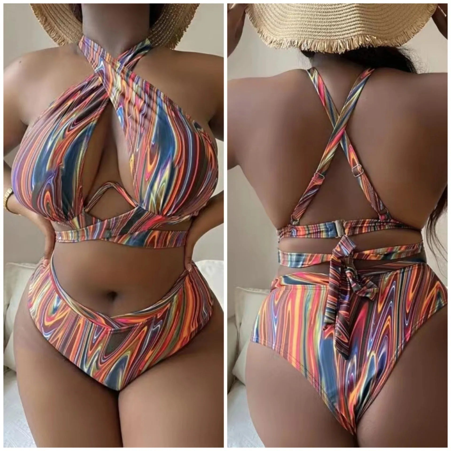 Women's floral high-waist bikini swimsuit top and pants in plus sizes.