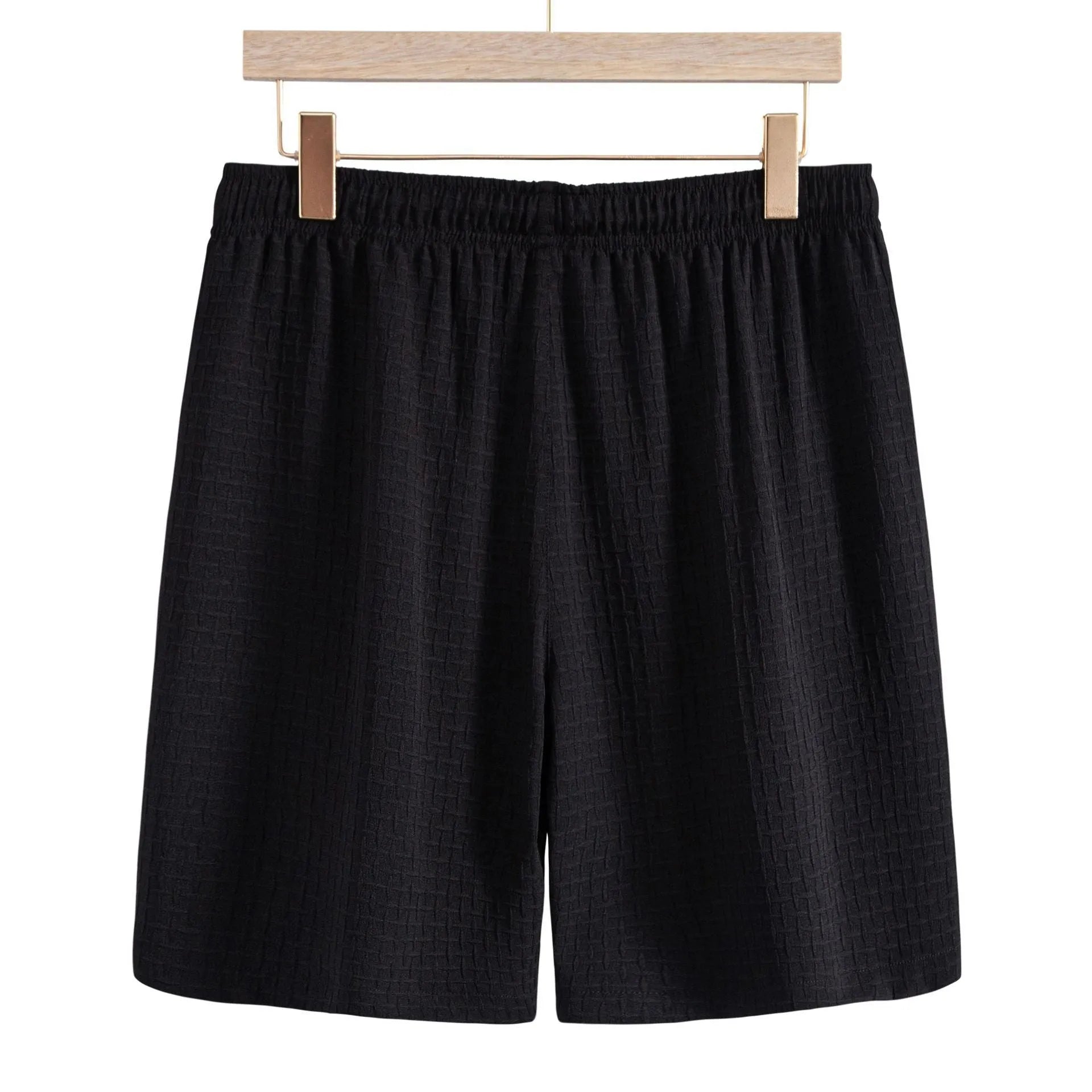 Men's casual cotton blend beach shorts suit in black, showing short sleeve shirt and matching shorts.