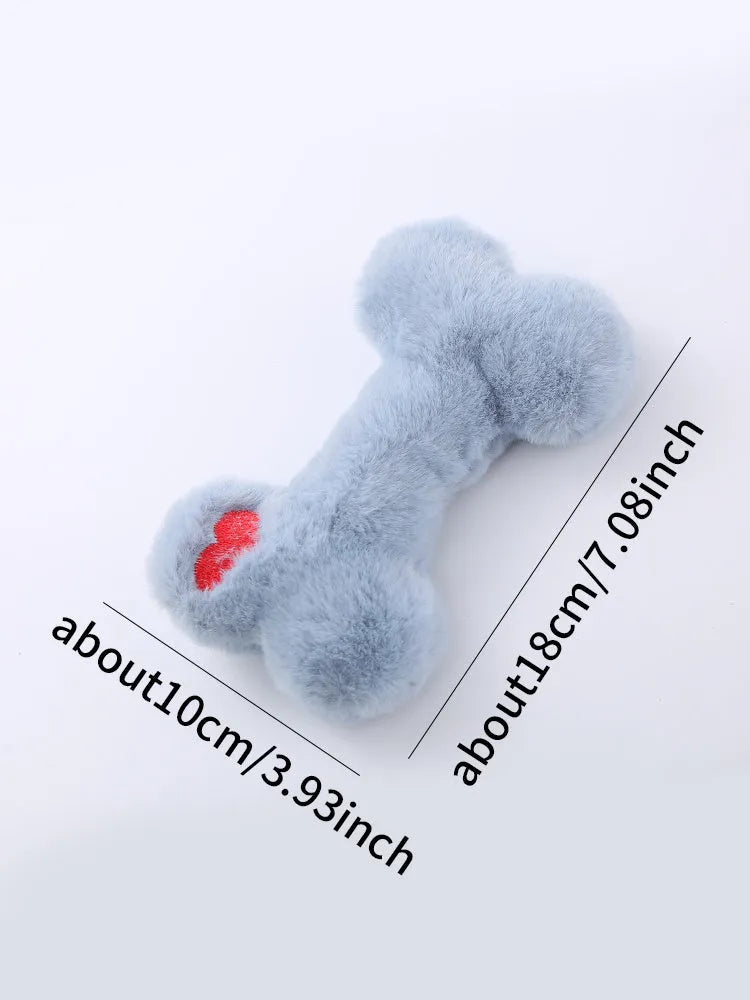 Cute plush love bone dog toy with a squeaker in blue, pink, and yellow colours.
