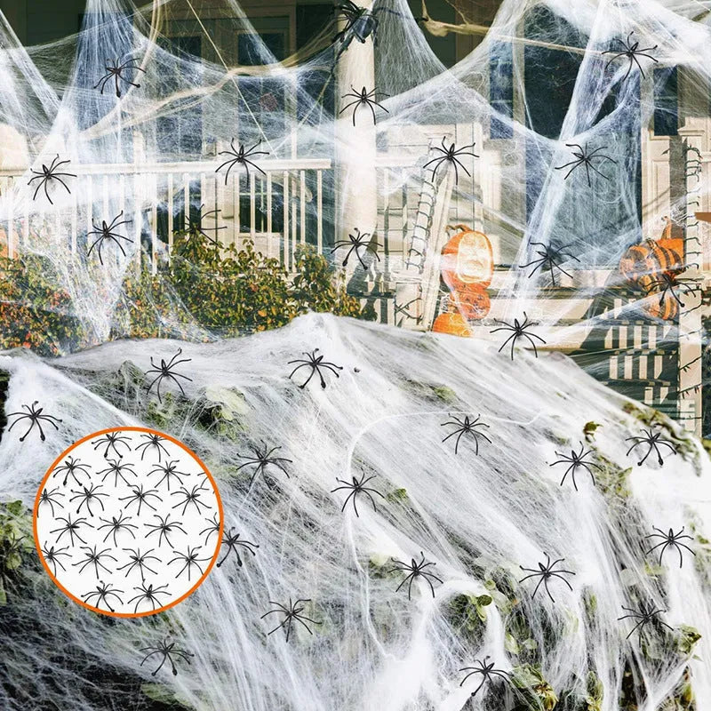 Halloween cotton spider web decoration with white plastic spiders on a dark background