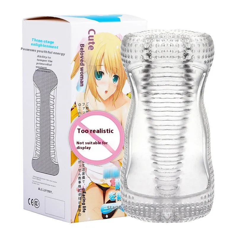 Transparent TPE airplane bottle male penis exerciser with seven stage options
